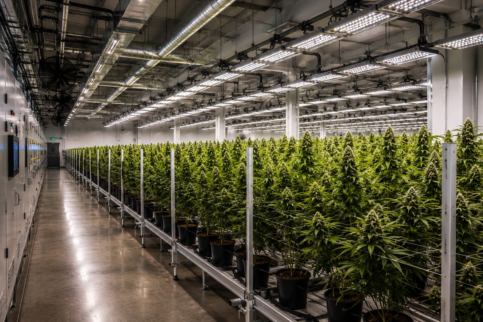 Licensed cannabis production space with integrated mechanical, electrical, and plumbing design for compliant operations