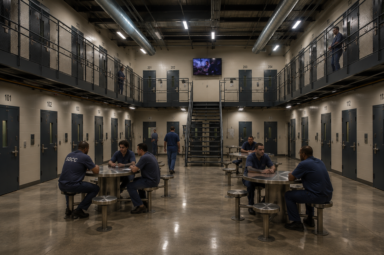 Detention center interior with coordinated mechanical and electrical design for controlled environment operations
