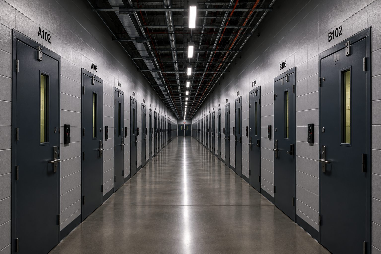Secure detention building with precision HVAC zoning and electrical distribution for institutional occupancy