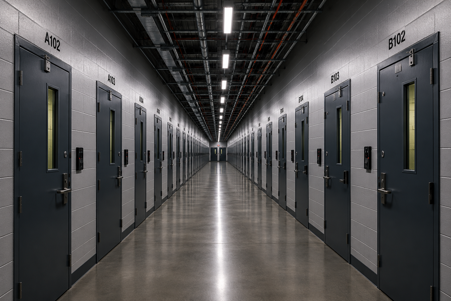 Secure detention building with precision HVAC zoning and electrical distribution for institutional occupancy