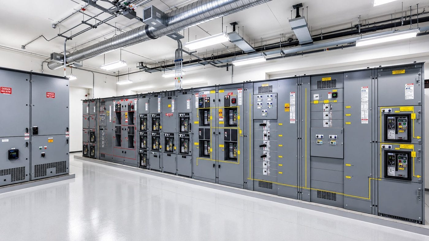 Electrical switchgear lineup in a large facility power distribution room