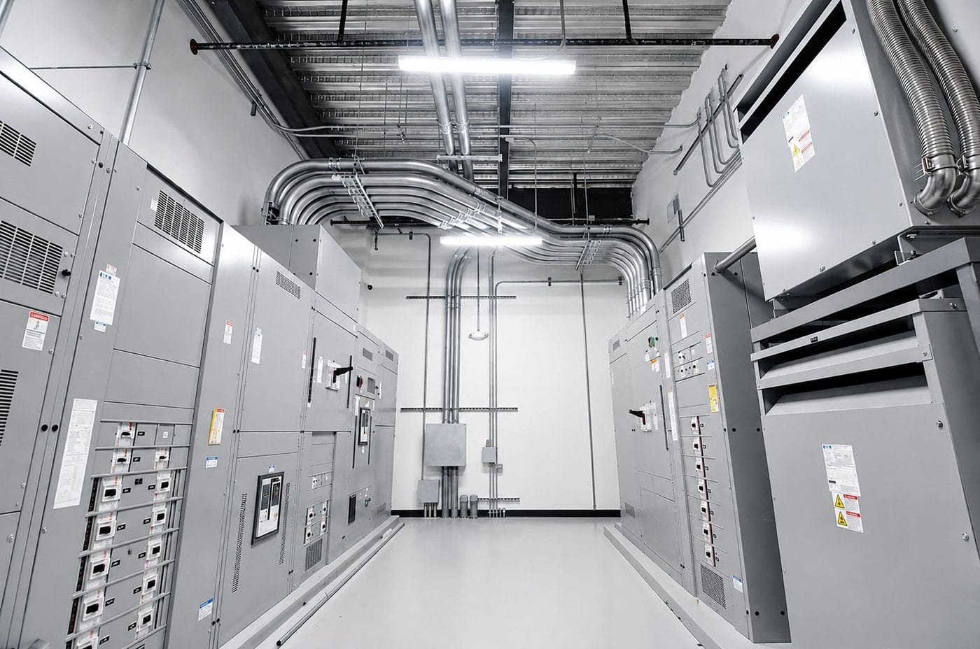 Electrical equipment room with switchgear, conduit, and transformer