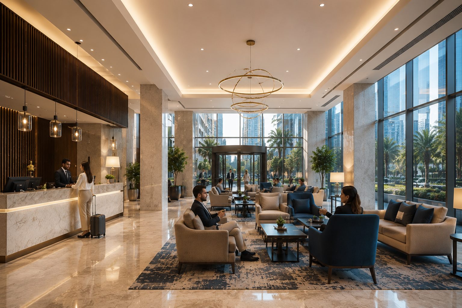 Modern hotel interior with refined finishes and engineered MEP systems supporting guest comfort