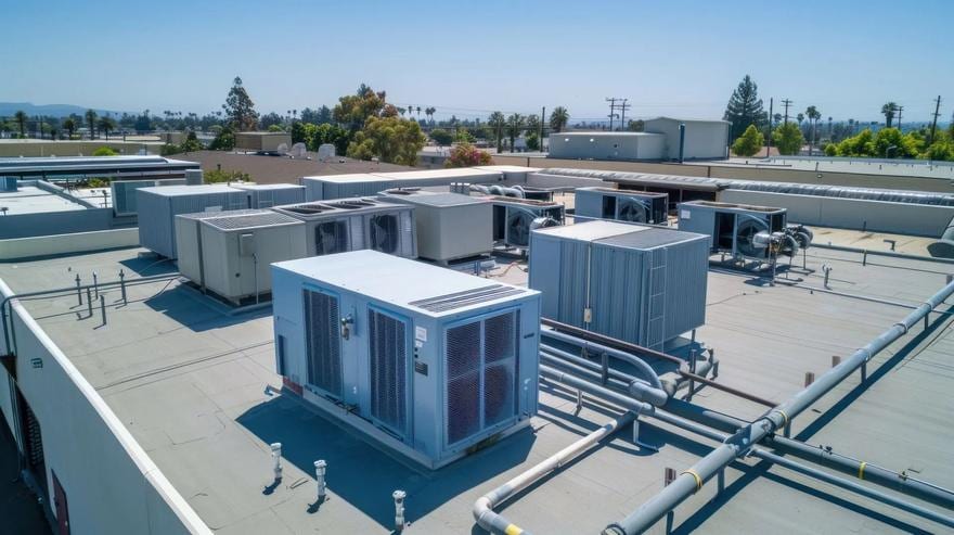 Packaged rooftop HVAC units and refrigerant piping on a commercial roof