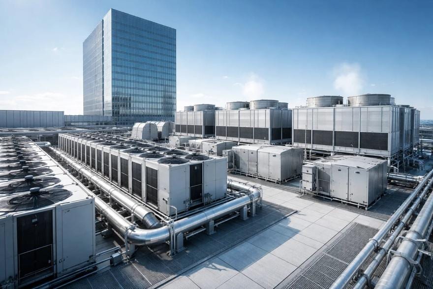 Rows of air-cooled chillers on a high-rise office building rooftop
