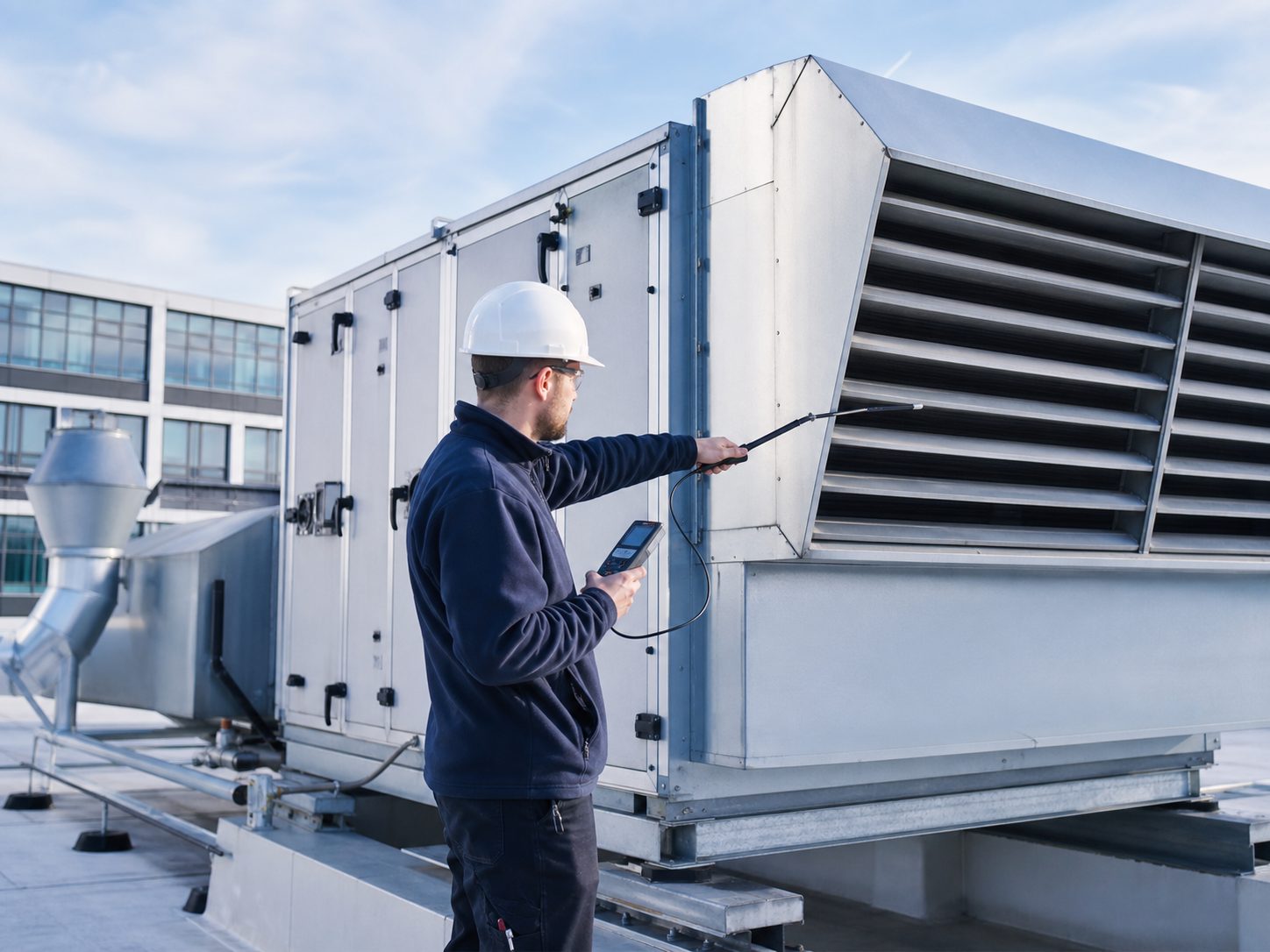 Engineer checking airflow at a commercial rooftop air-handling unit and fresh-air intake