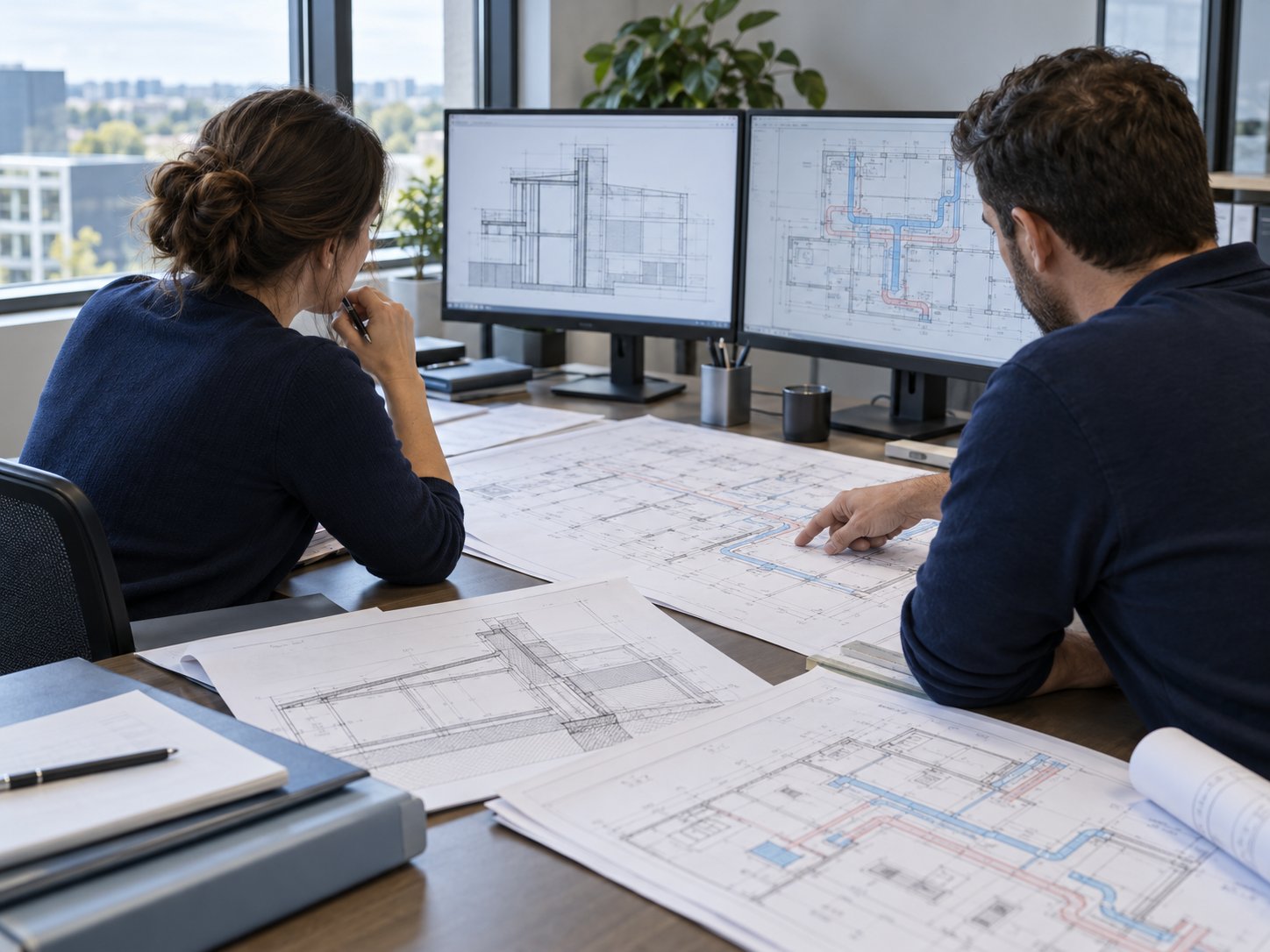 Engineers reviewing energy compliance drawings and models at their workstations