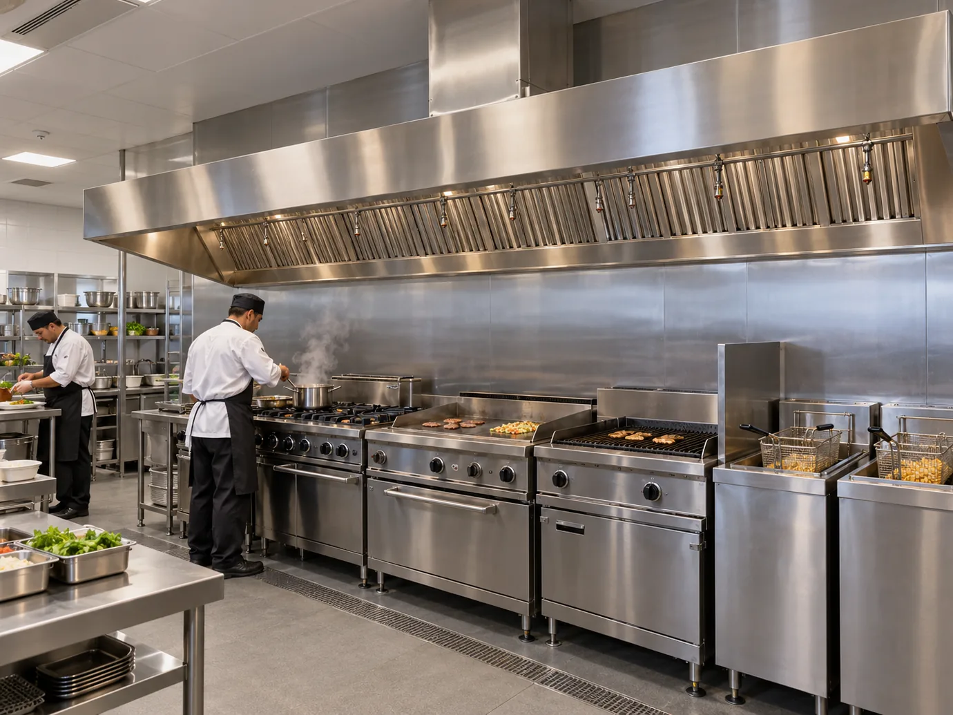 Commercial kitchen cook line under a stainless-steel Type I canopy hood with baffle filters and fire-suppression nozzles, with chefs at the range, griddle, charbroiler and fryers