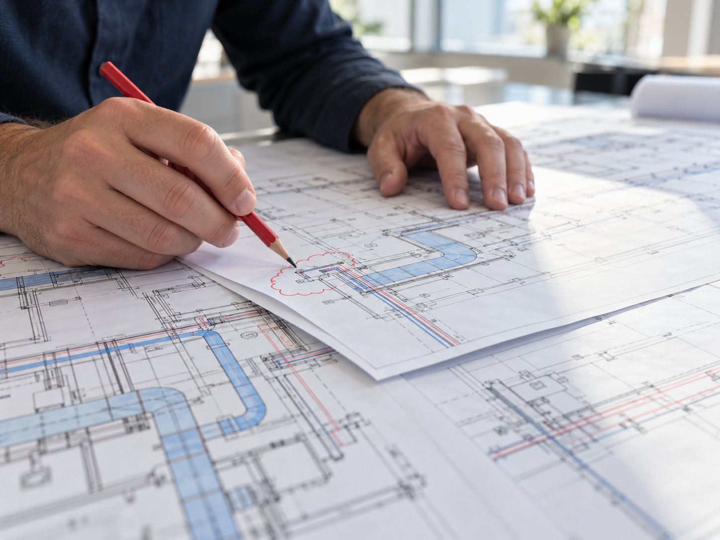 Engineer marking up MEP plan sheets with a red pen during plan review