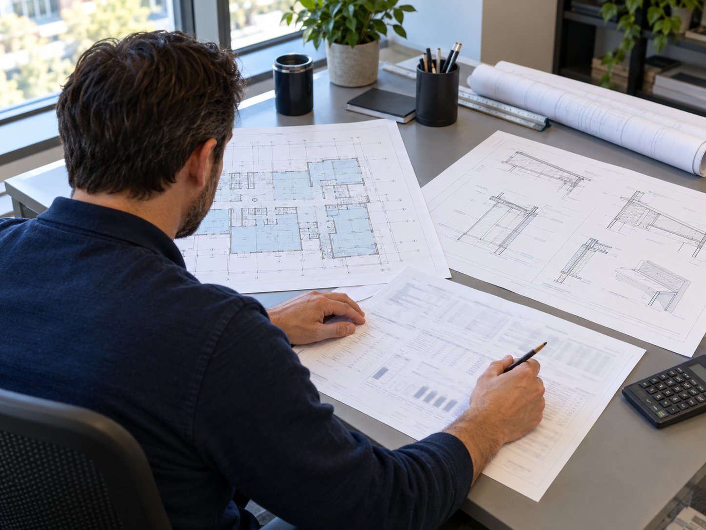 Engineer working through cooling load calculations on printed floor plans