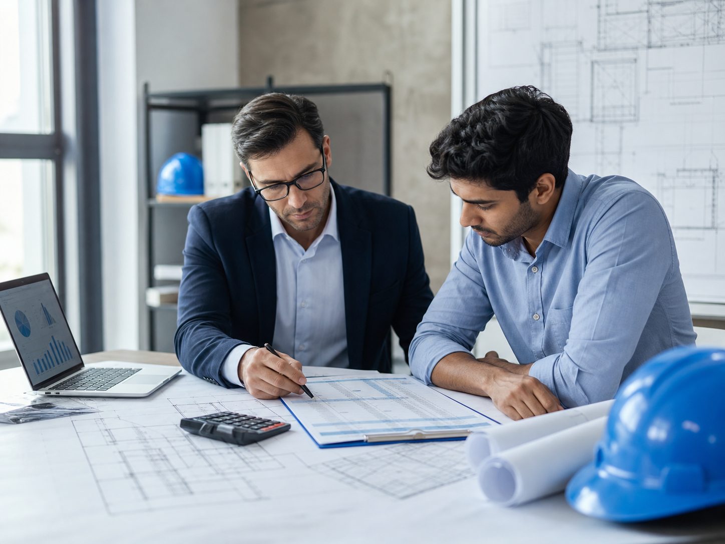 Project manager and MEP engineer reviewing an engineering scope and cost worksheet