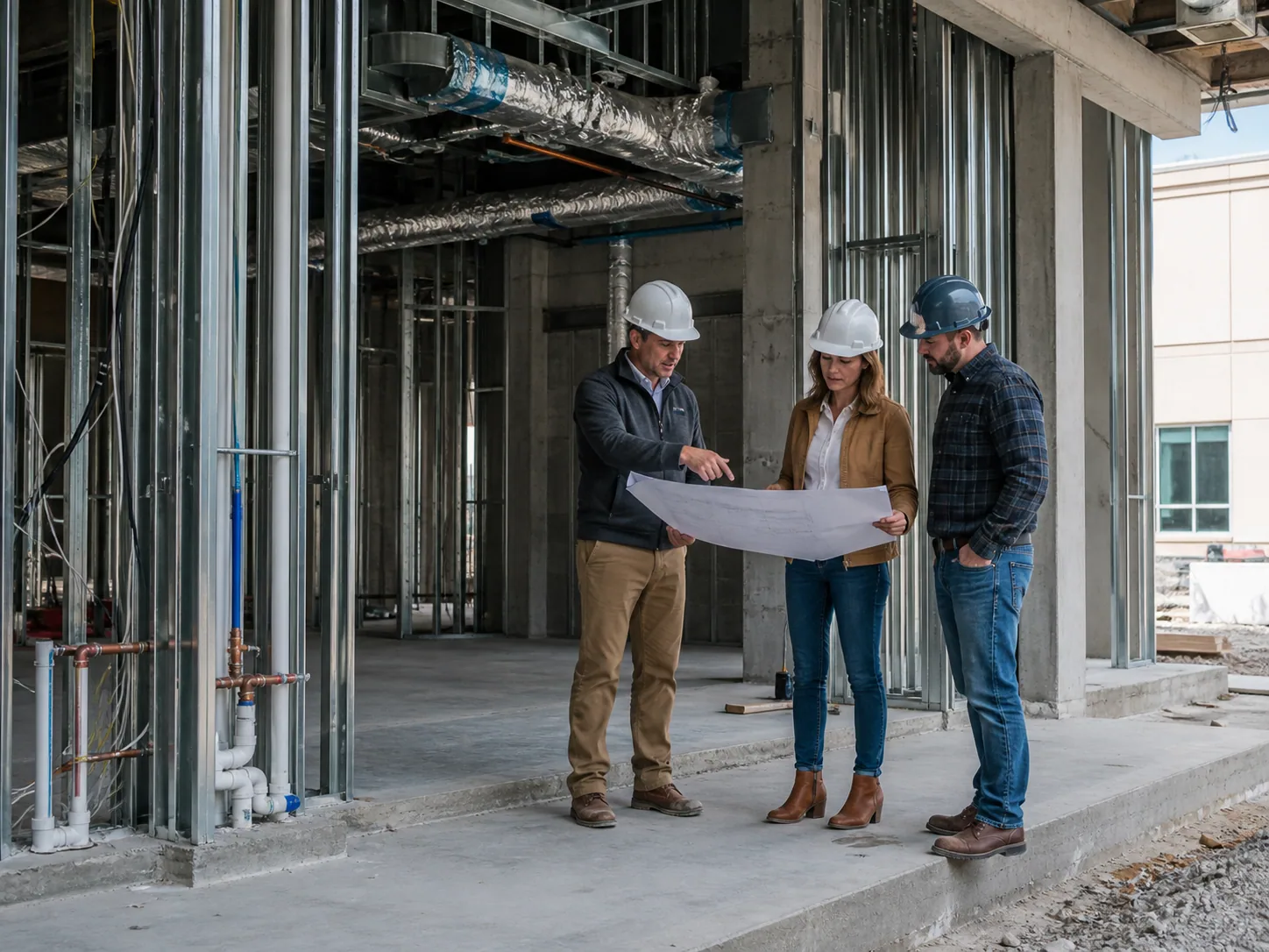 Architect, contractor, and engineer discussing MEP scope beside a commercial building