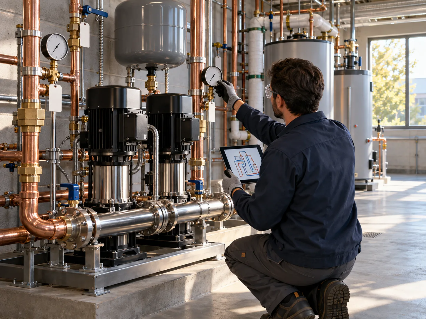 Plumbing engineer checking a domestic water booster pump skid with a tablet in a mechanical room