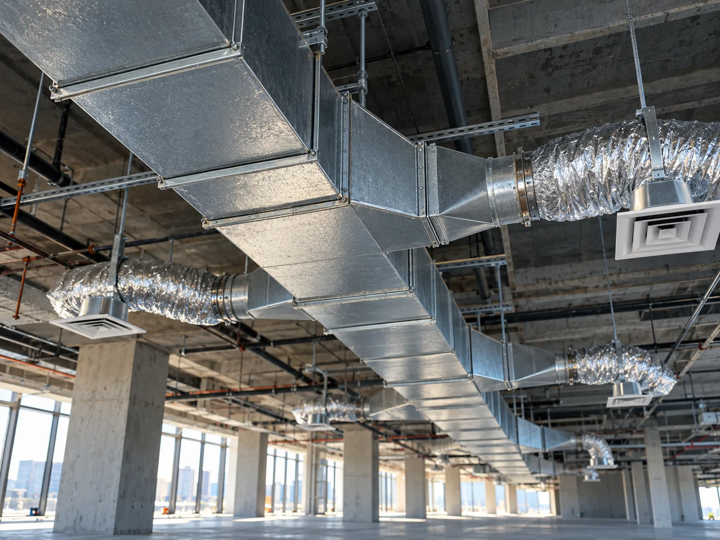 Galvanized supply duct main with branch takeoffs and flexible duct to diffusers in an open ceiling