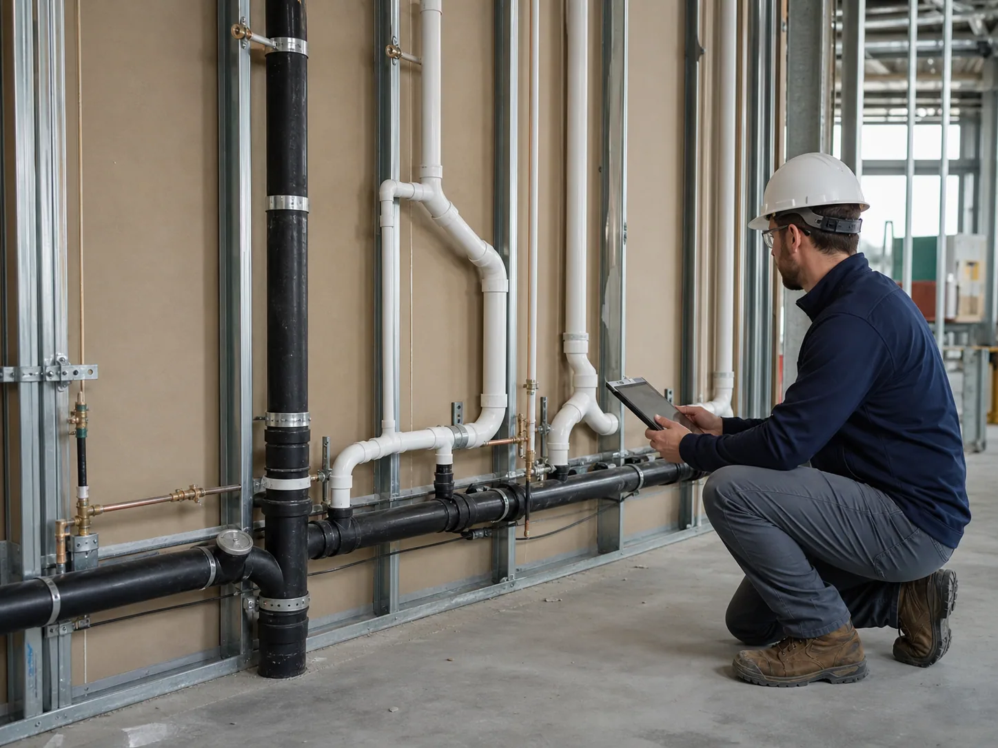 Plumbing engineer checking drain, waste, and vent piping in a commercial wall