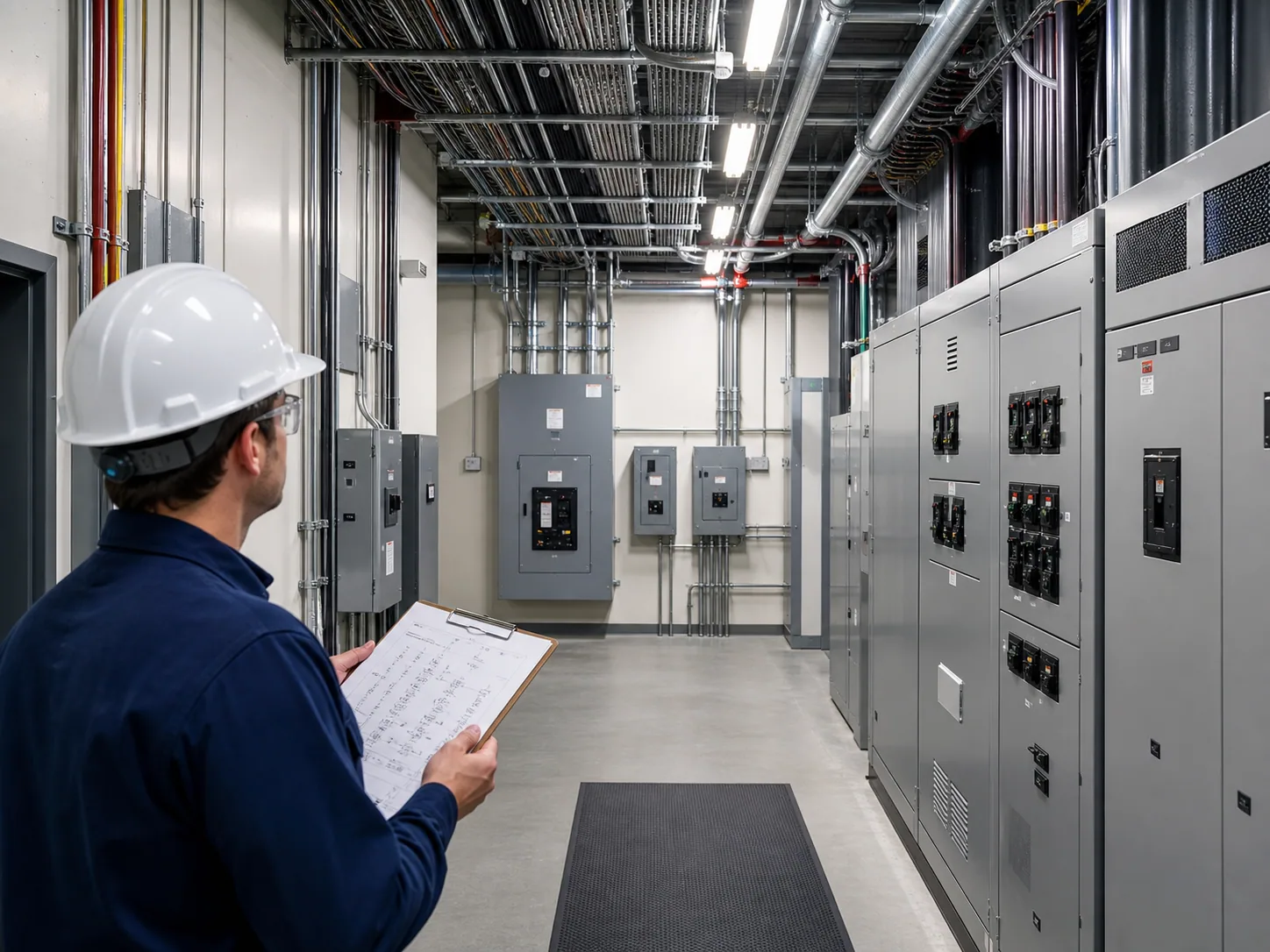 Electrical engineer comparing a one-line diagram with commercial service equipment
