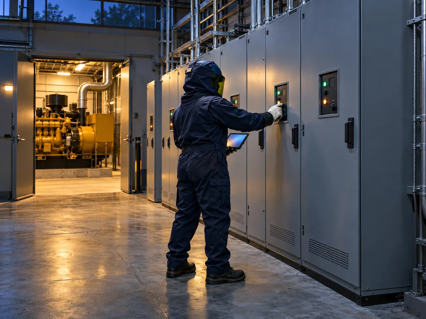 Technician in arc-rated PPE at automatic transfer switch cabinets beside the generator room