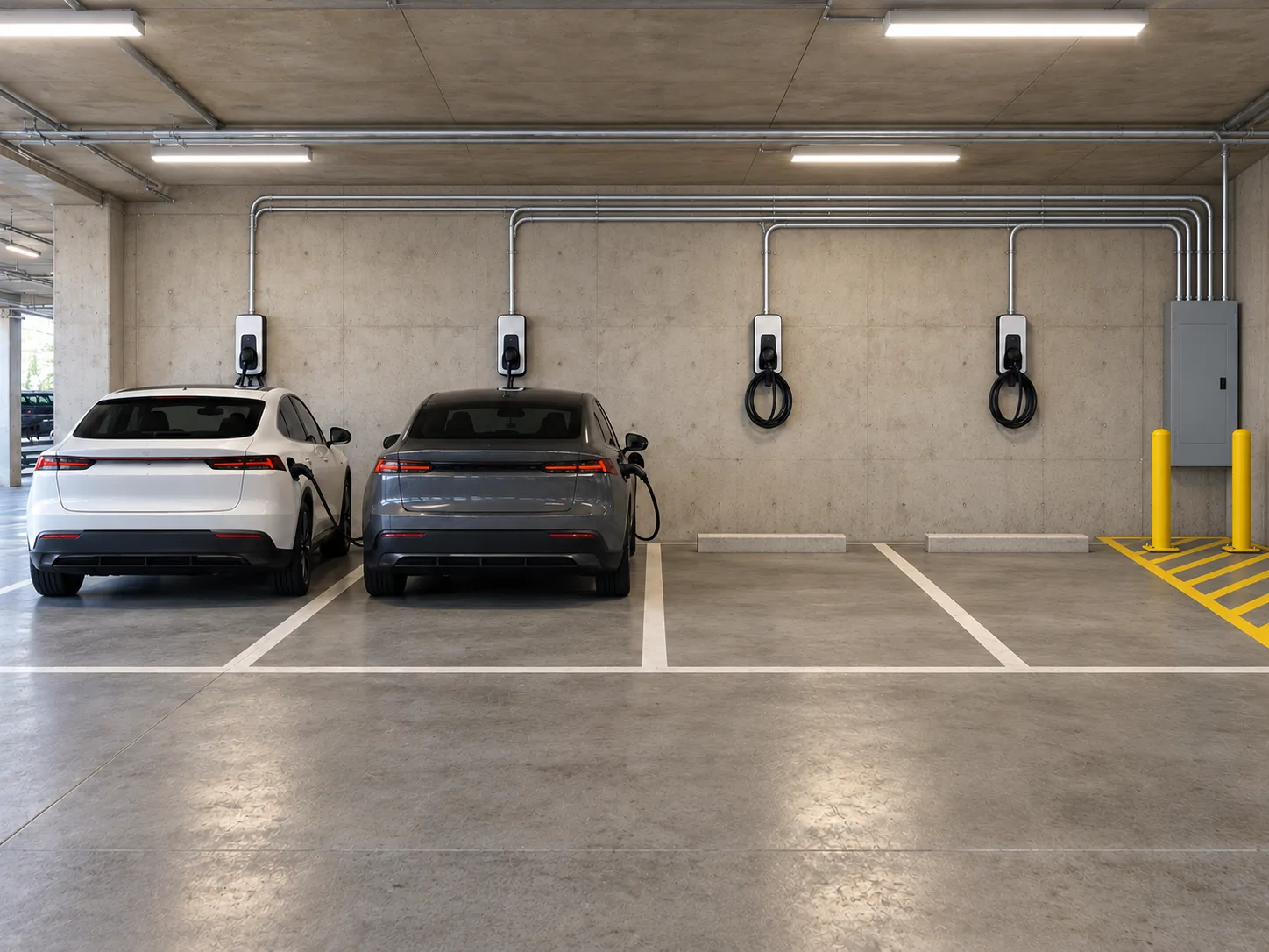 Parking garage with four Level 2 EV chargers, one centered on each stall and fed by its own conduit from a panelboard protected by bollards, with two cars charging