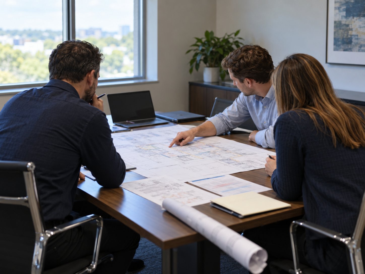 Project team reviewing MEP drawing sets together at a conference table