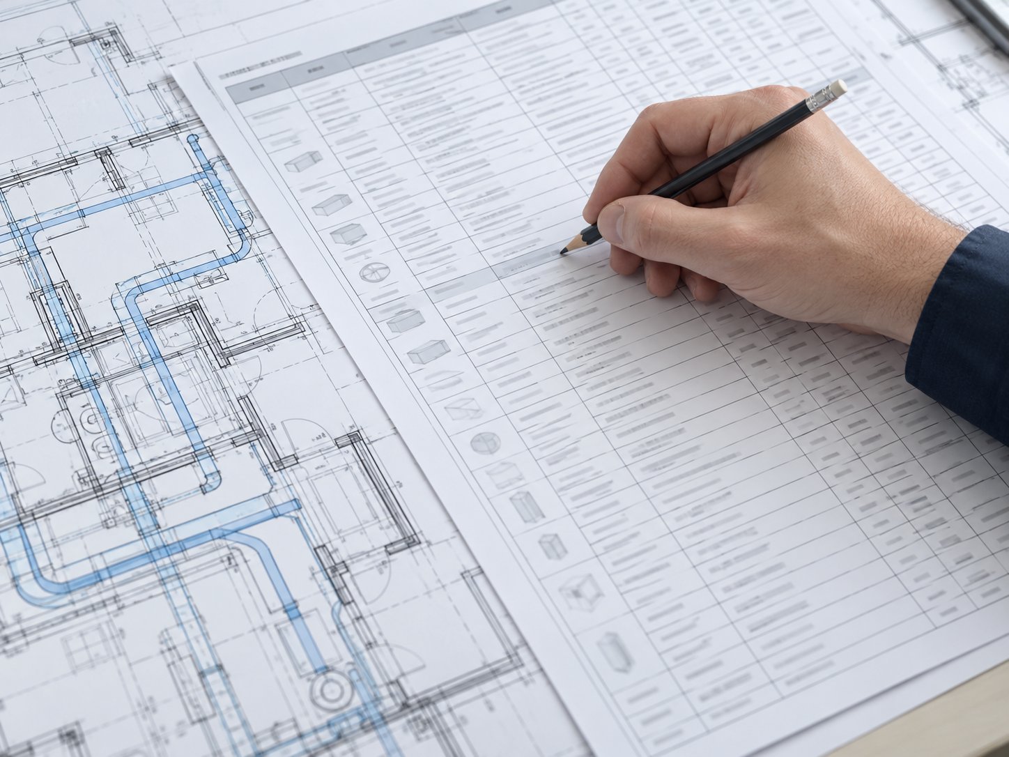 Engineer reviewing equipment schedules on an MEP drawing sheet