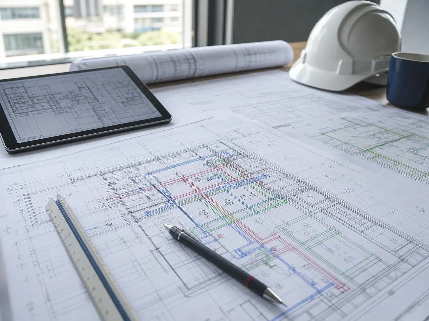 Coordinated MEP drawings, a tablet, and a hard hat on a drafting table