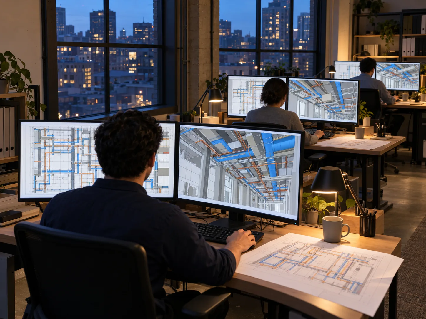 MEP design team working in the evening on coordinated Revit models at dual monitors