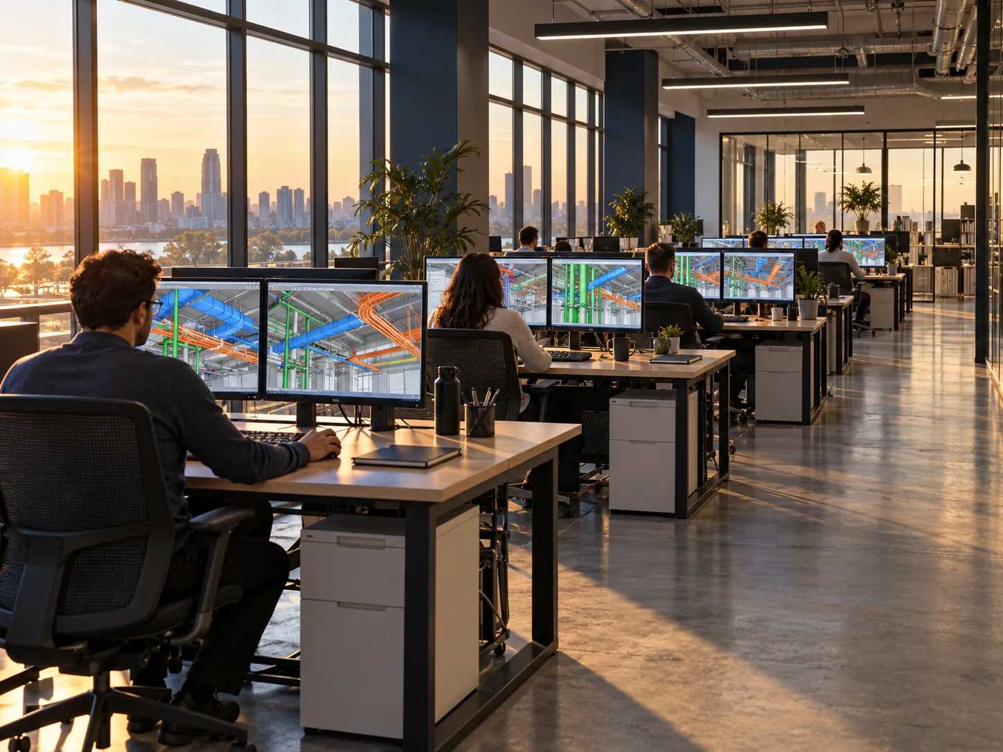 Open design studio at golden hour with engineers at dual monitors showing BIM models