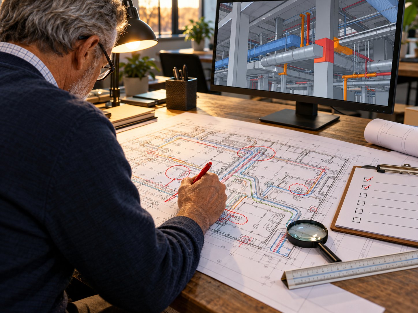 Senior engineer reviewing a marked-up MEP plan with a checklist beside a clash-detection model