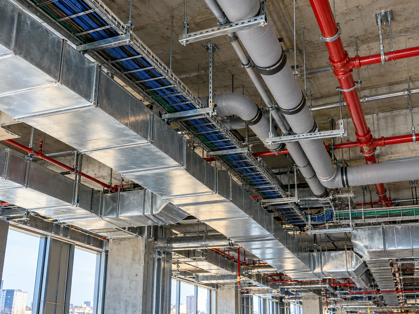 Coordinated ceiling space with ductwork, piping, sprinkler mains and cable trays in an office under construction