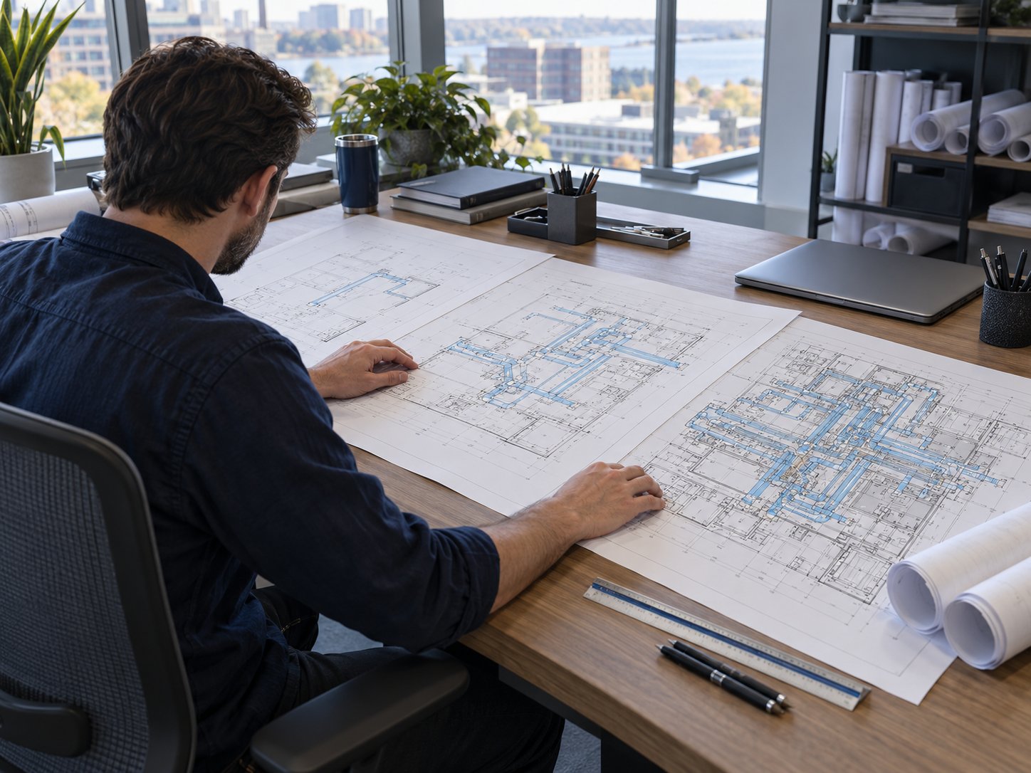Engineer developing MEP layouts on printed drawings at a desk
