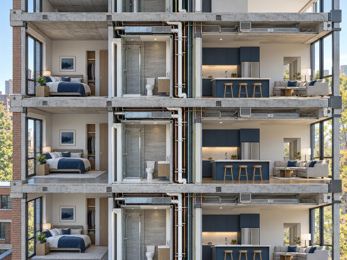 Cutaway view of a multifamily building showing vertical MEP risers and unit kitchens and baths