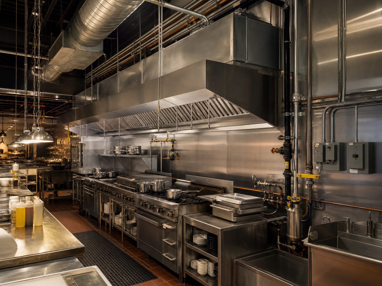 Commercial restaurant kitchen with exhaust hood, make-up air, plumbing, and electrical systems