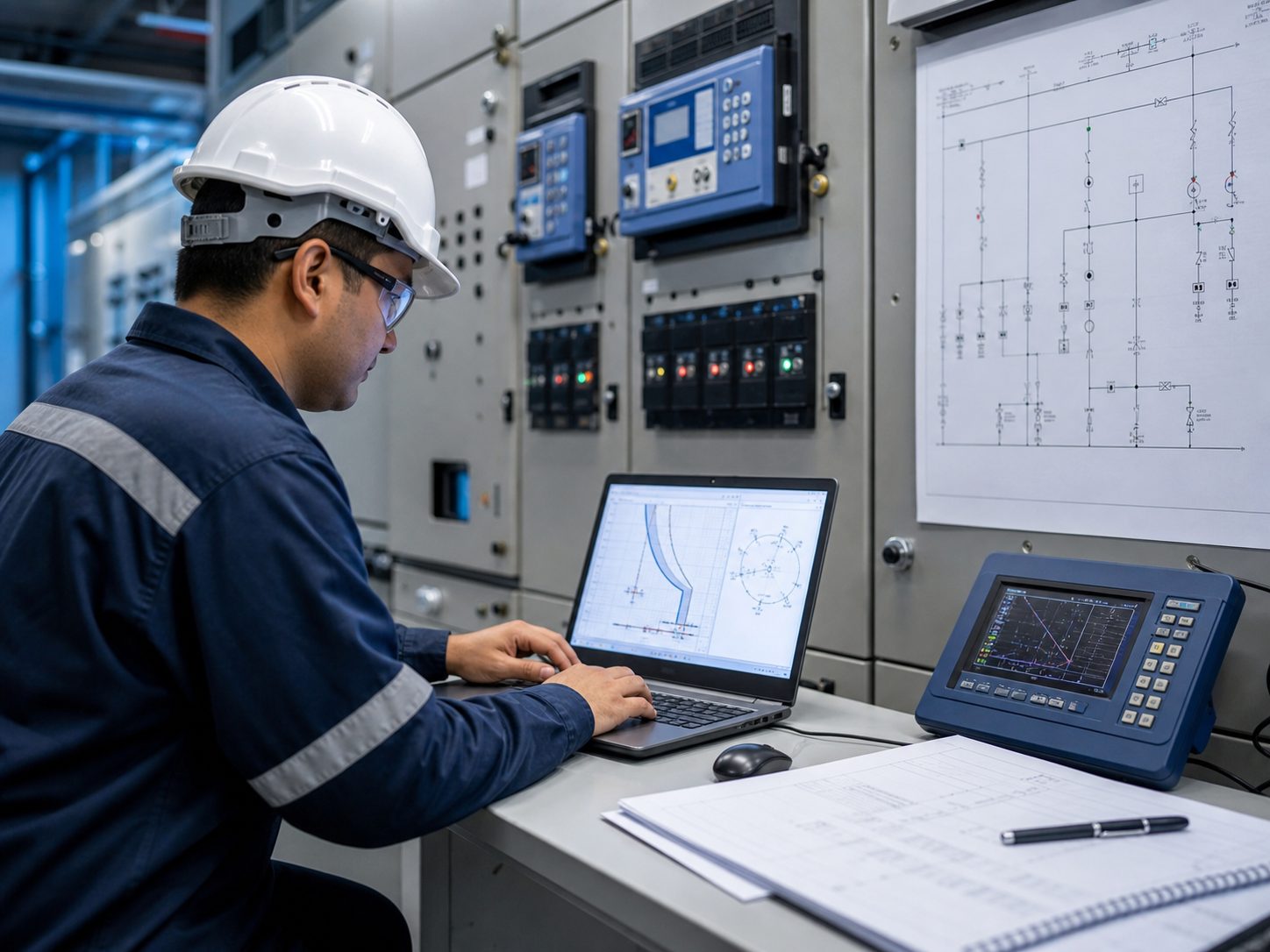 Electrical engineer reviewing power-system studies beside commercial switchgear