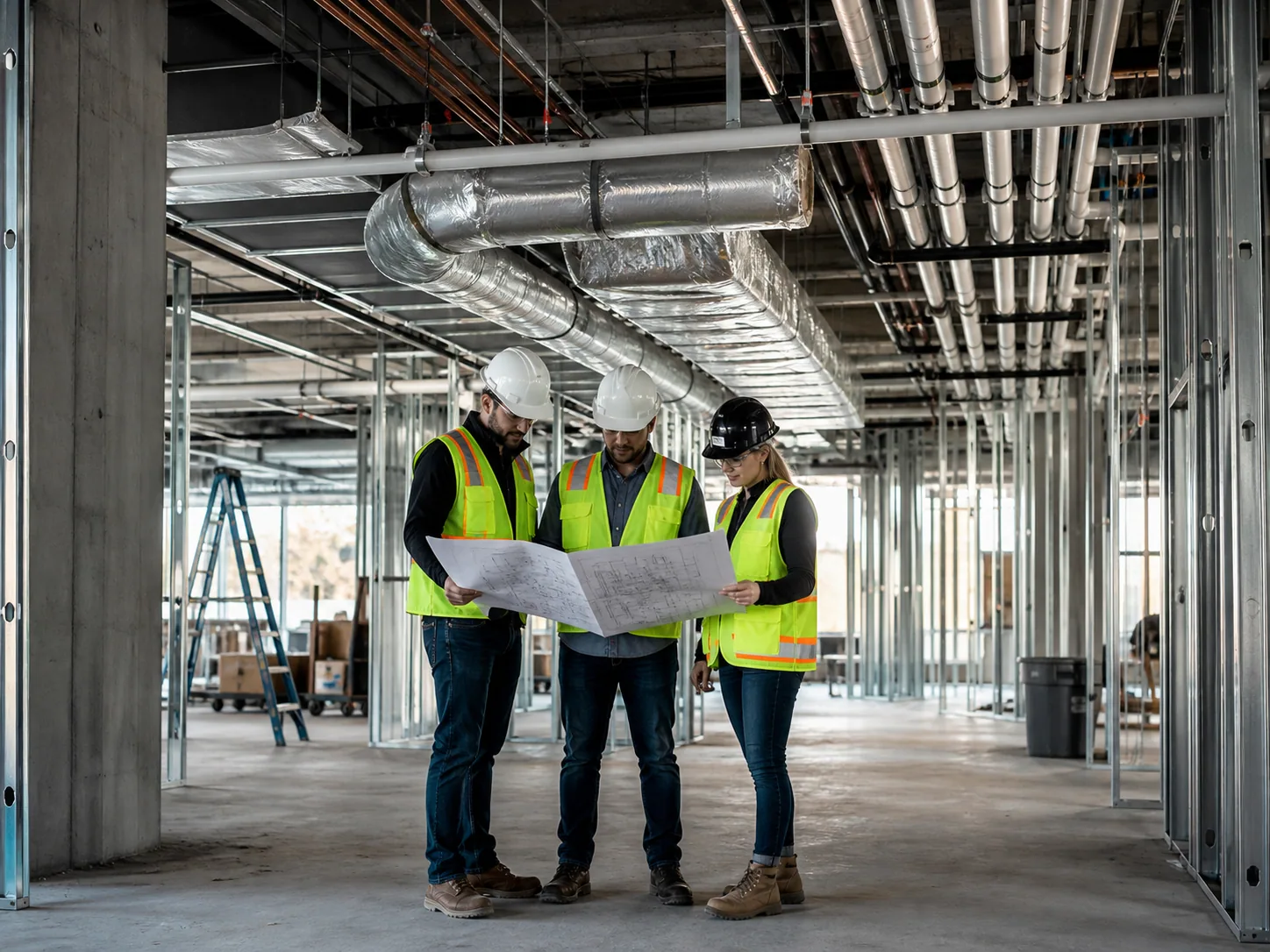 Engineers reviewing MEP drawings near a commercial building under construction