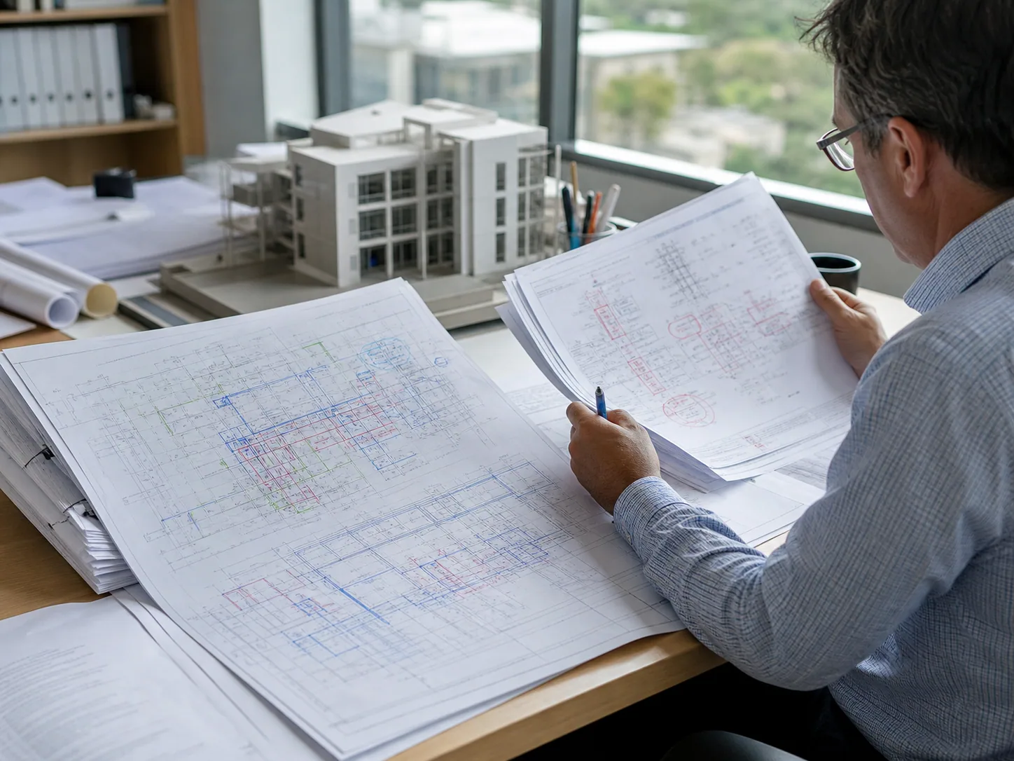 Plan reviewer comparing an MEP drawing set with a building-department review packet