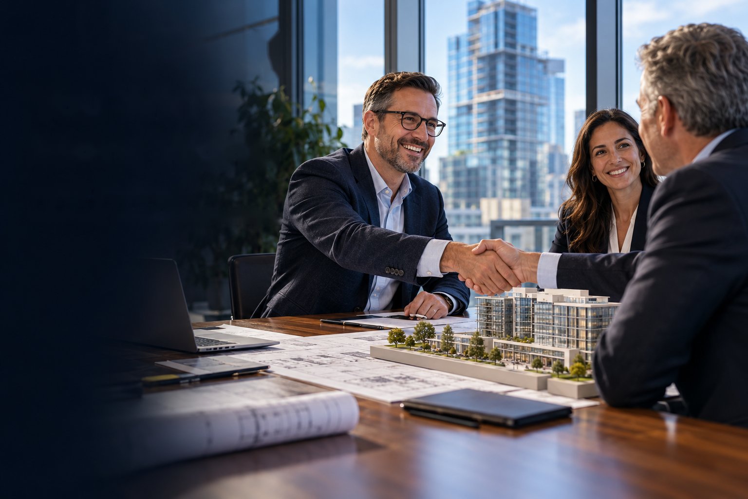 Client meeting with a handshake over MEP drawings and a building model