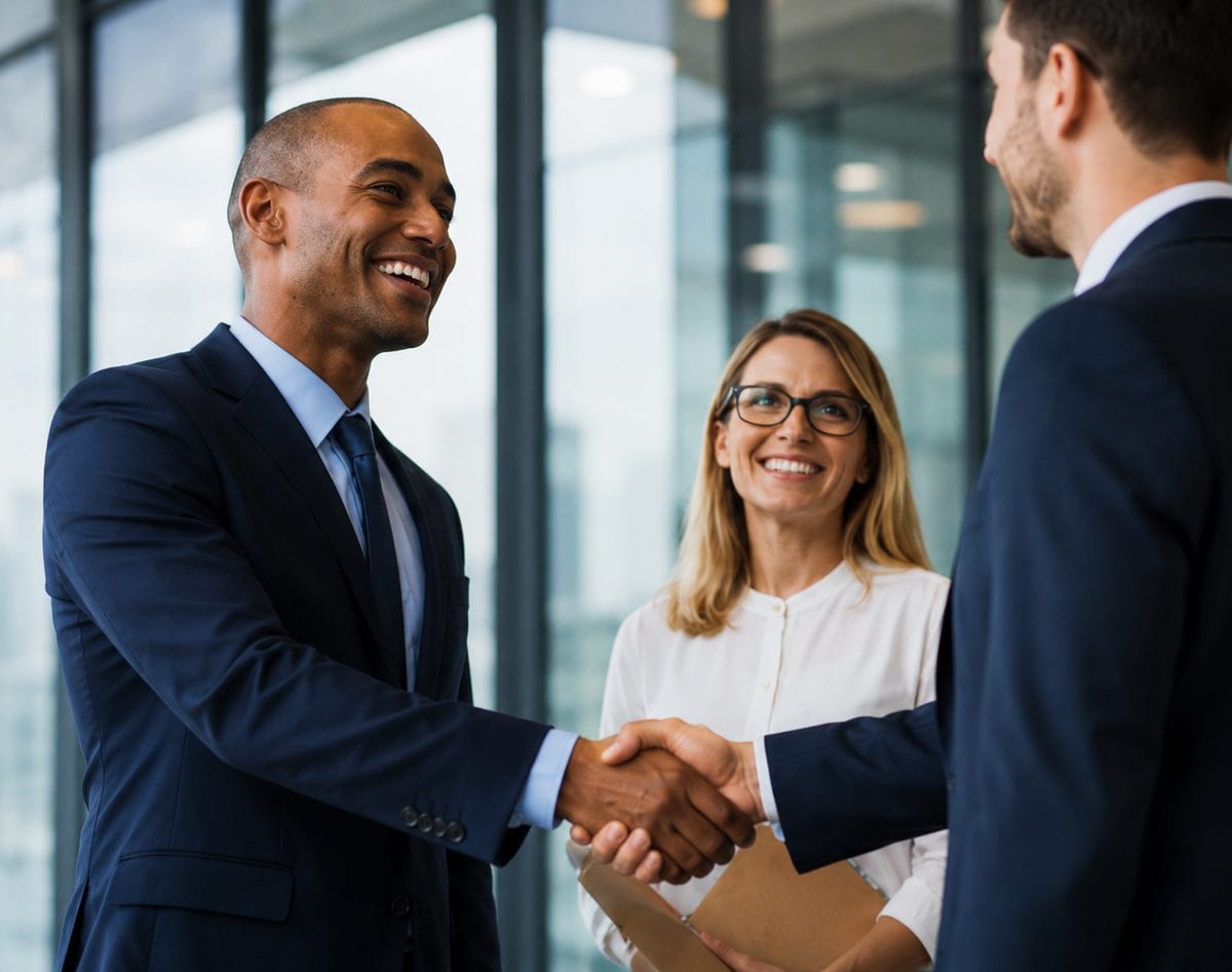 Business professionals shaking hands in a modern glass office — a client partnership built on trust