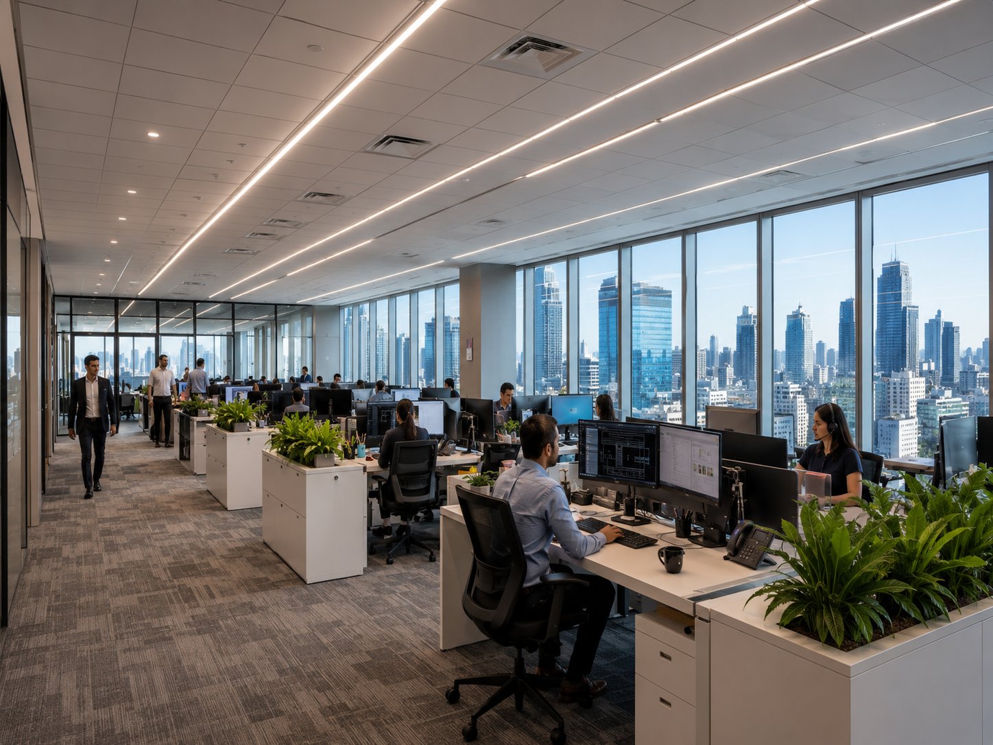 An MEP design office at work — engineers producing coordinated drawings at dual-monitor workstations