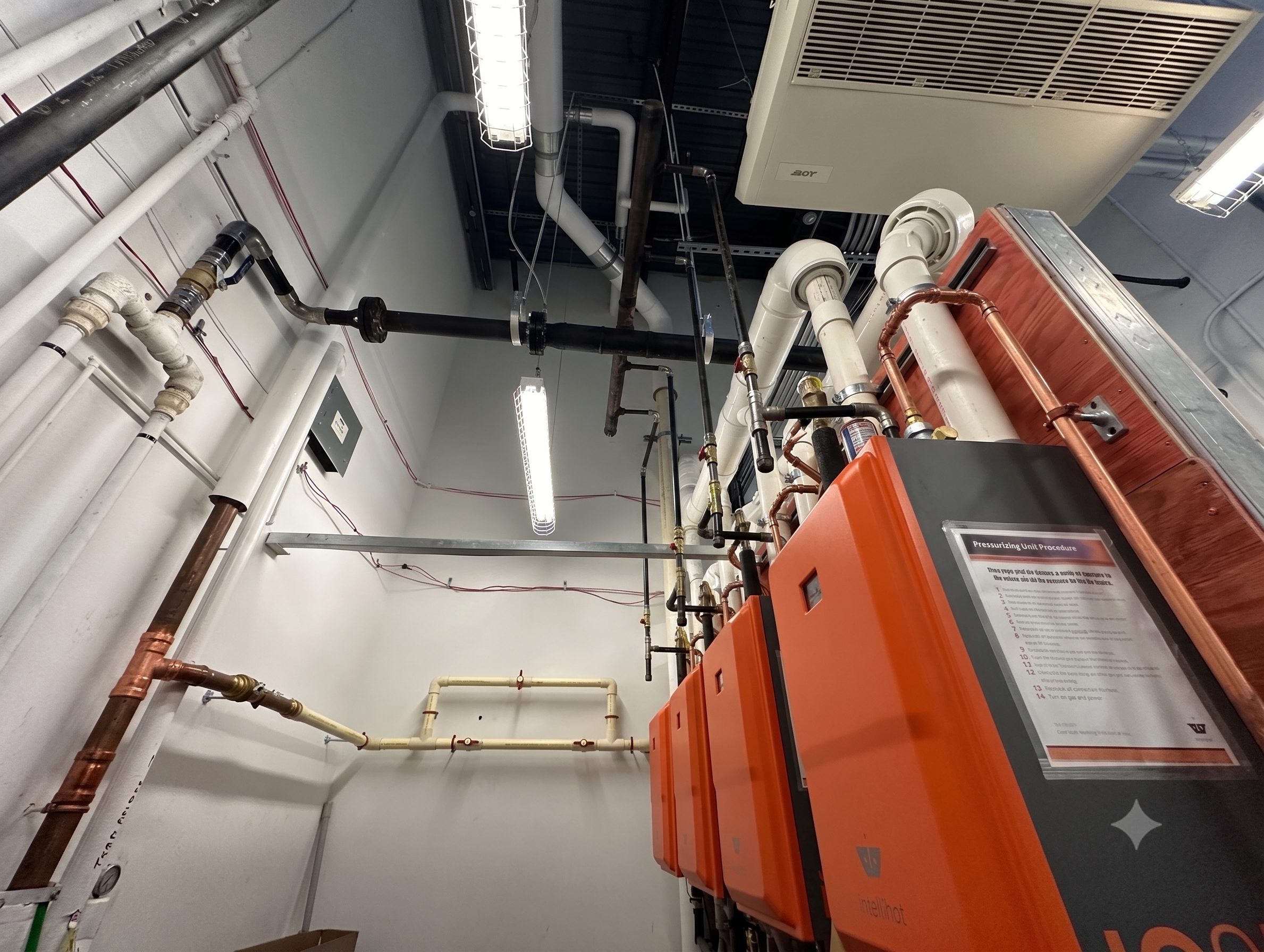 Boiler plant and mechanical room piping representing a properly sized domestic water distribution system