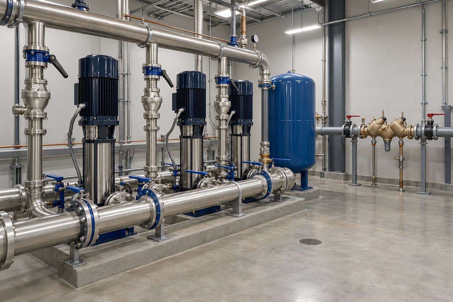 Domestic water booster pump system with stainless piping and a pressure tank in a pump room