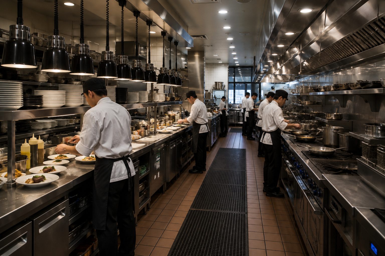 Modern restaurant interior with engineered ventilation and hood exhaust systems for kitchen and dining comfort