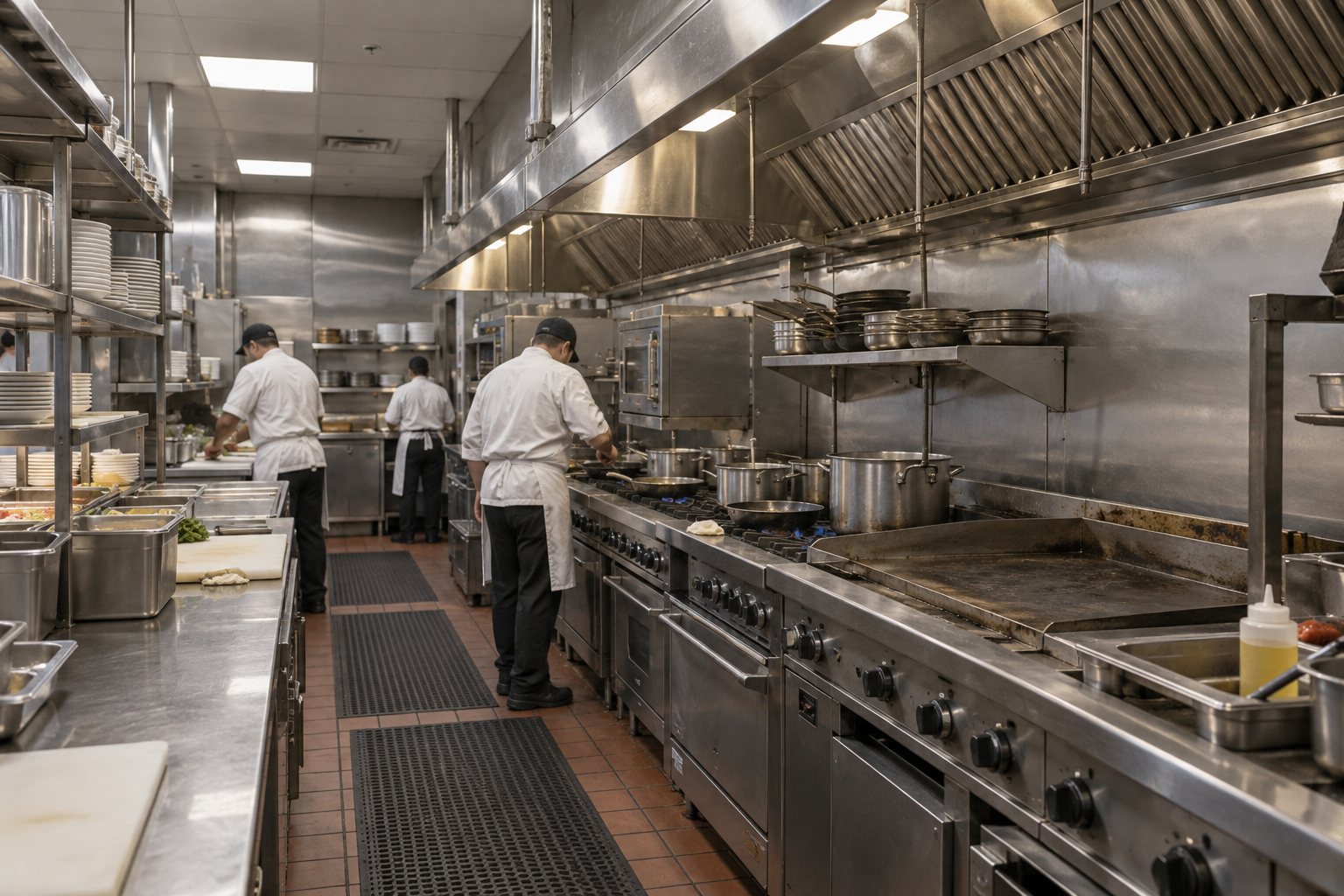 Commercial kitchen line with cooks at stainless prep stations beneath a continuous exhaust hood