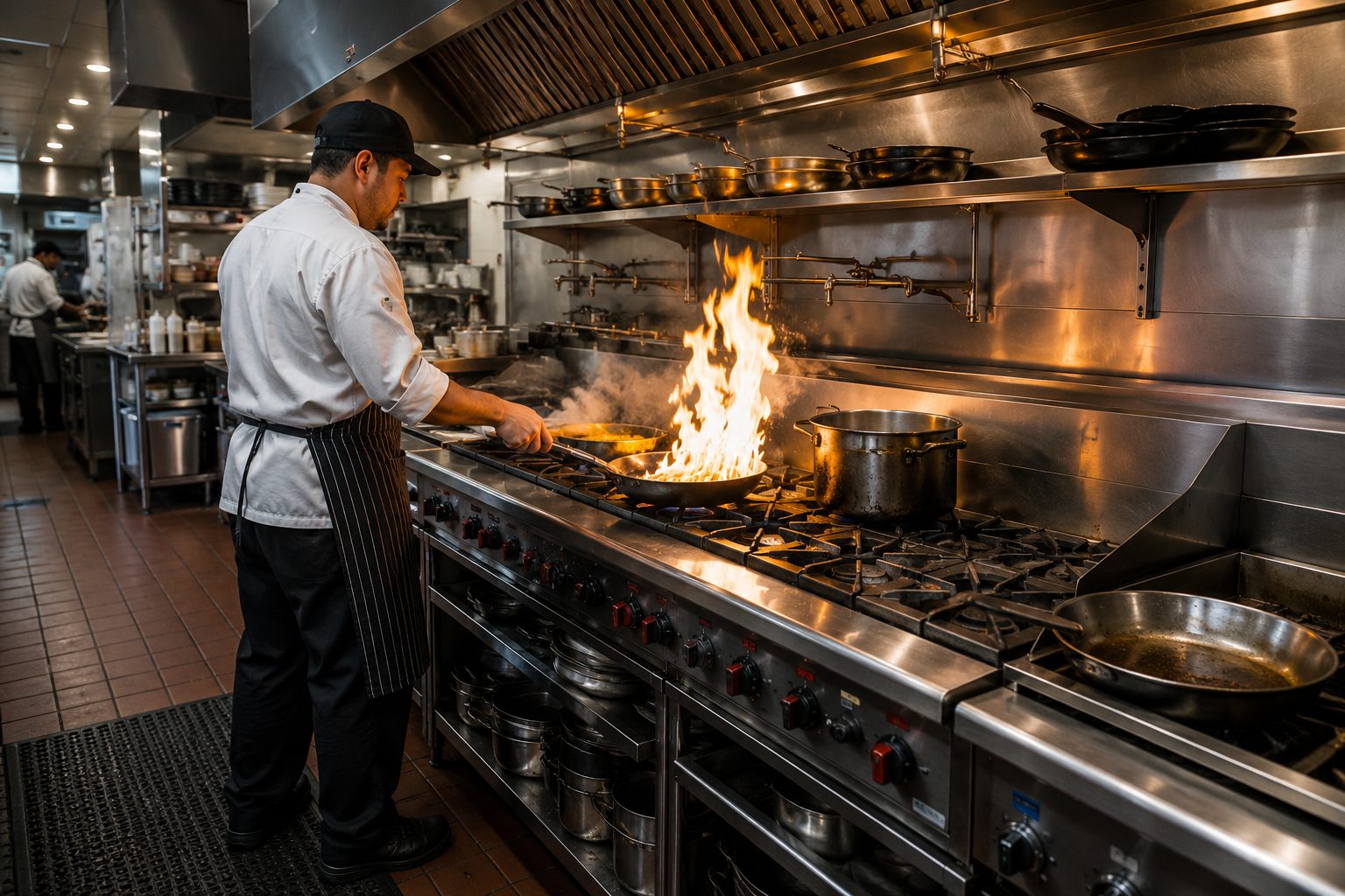 A commercial kitchen line cook working at a gas range under a Type I exhaust hood