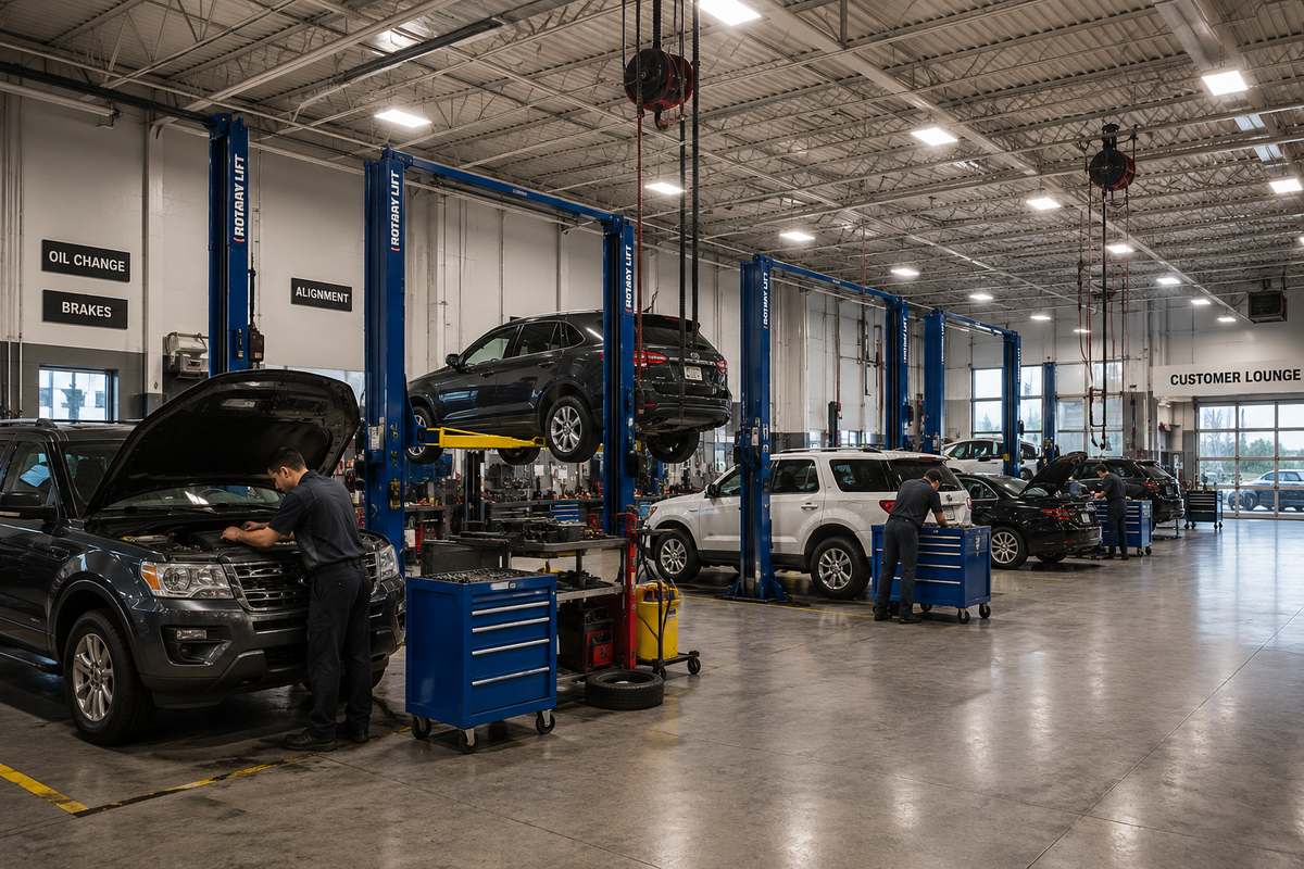 Interior of a modern automotive dealership showroom with vehicles displayed under bright lighting