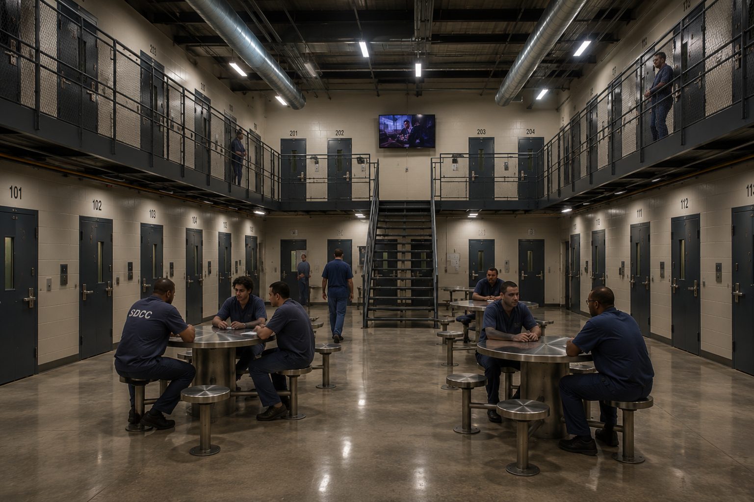 Detention center interior with coordinated mechanical and electrical design for controlled environment operations