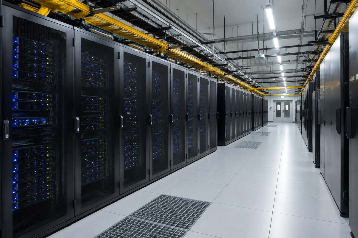 Rows of illuminated server racks in a modern data center and mission-critical facility server hall, lit in cool blue light