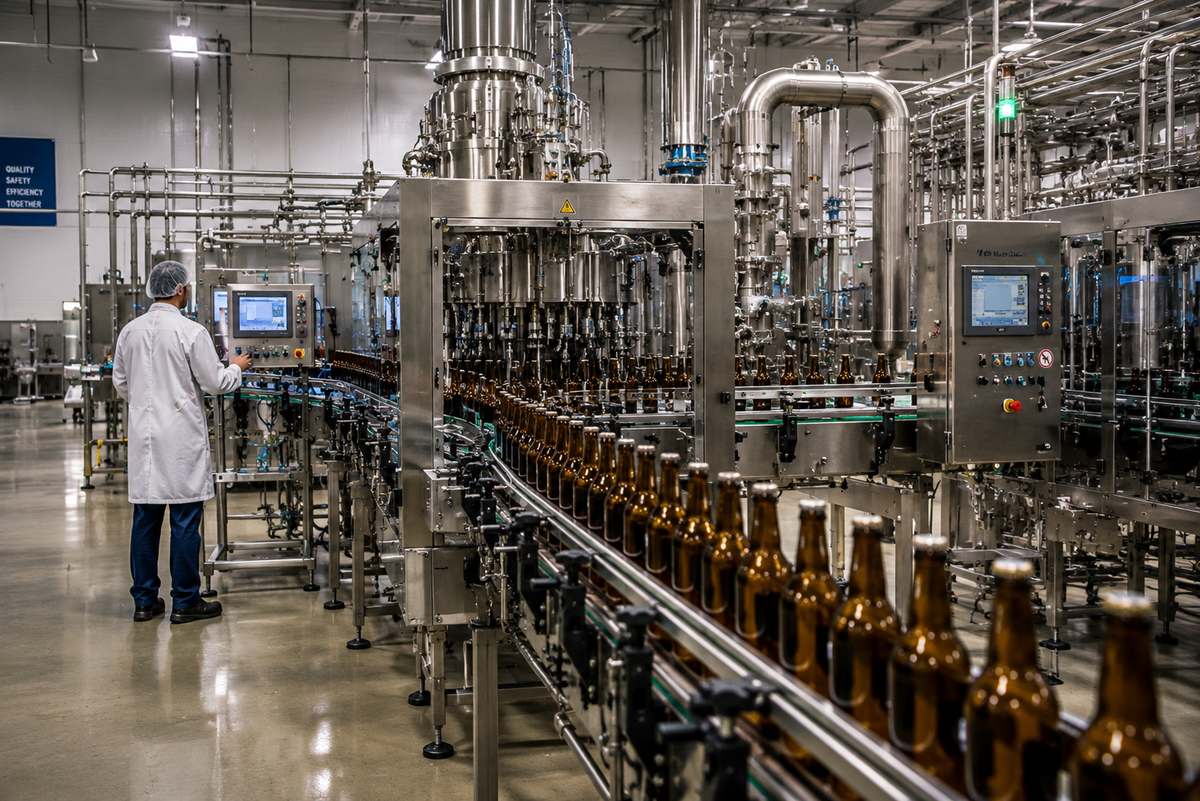 Stainless-steel production line inside a modern food and beverage processing plant under bright sanitary lighting