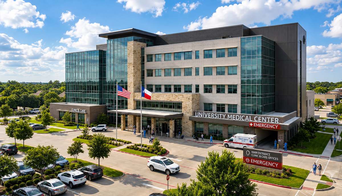 Clean modern hospital interior with clinical lighting and a calm patient-care environment