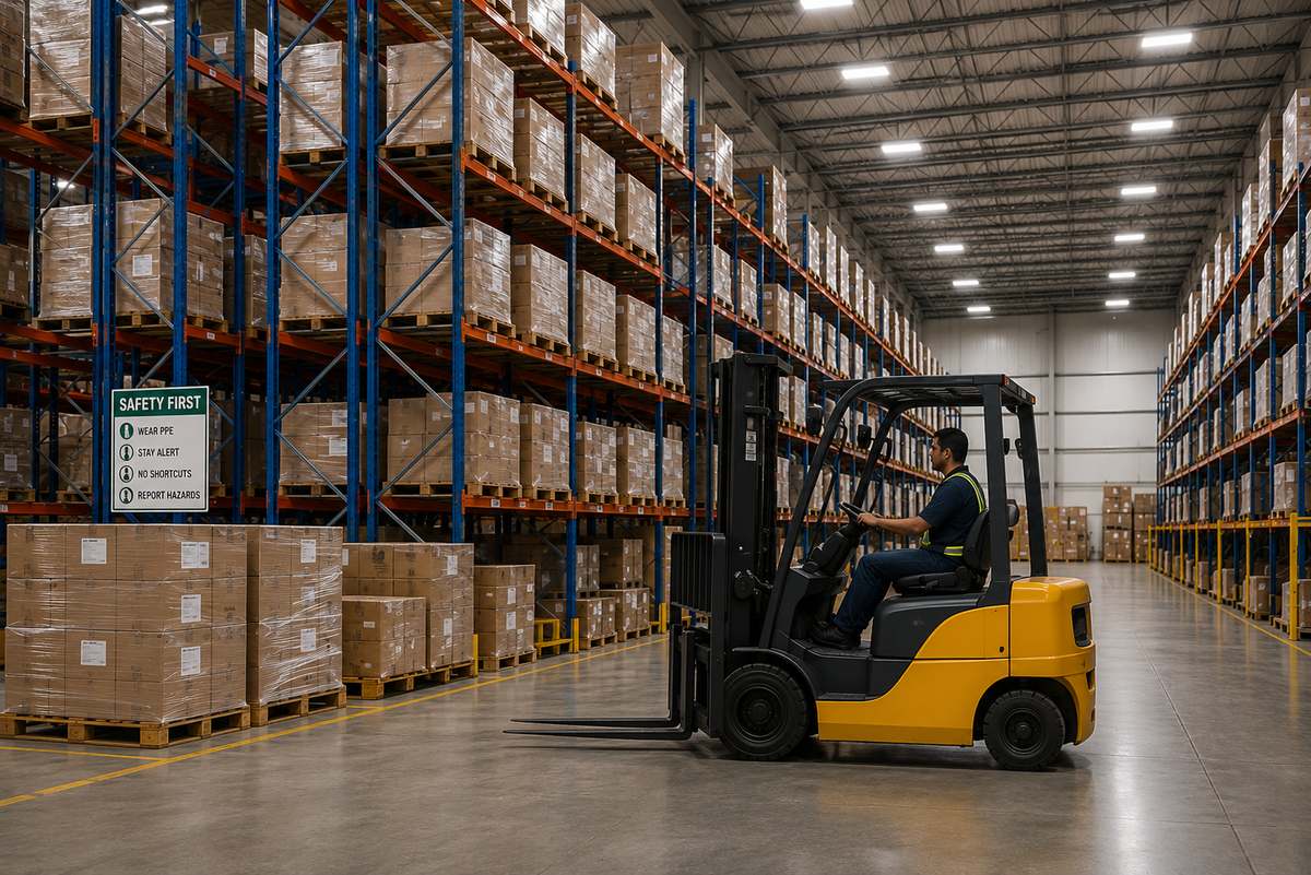 Clean, modern industrial manufacturing factory floor with automated production-line machinery and high-bay racking