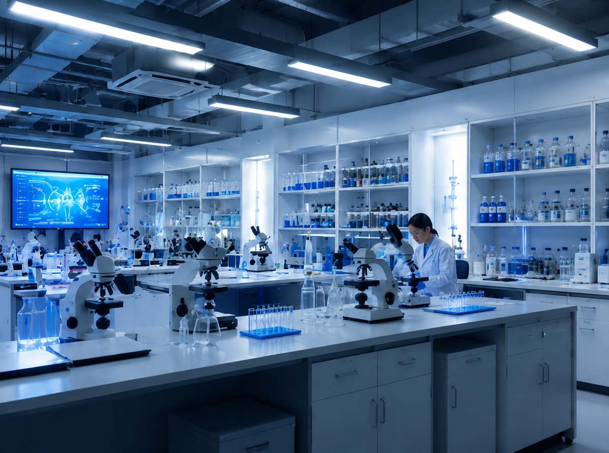 Modern research laboratory interior with clean lab benches, fume hoods, and scientific instruments under bright lighting